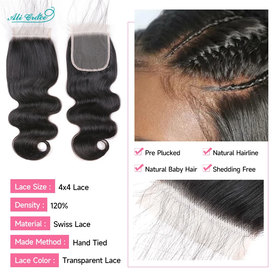 Ali Grace Hair Brazilian Body Wave Closure 4x4 Transparent Lace Color Remy Hair Top Hand Tied Brazilian Human Lace Closure