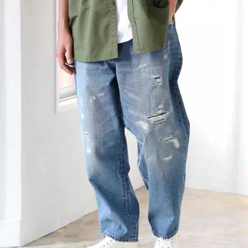 

Beams Men's Casual Jeans Japanese Retro Distressed Washed Trendy Versatile Straight Leg Trousers Loose Tapered Oversized Pants