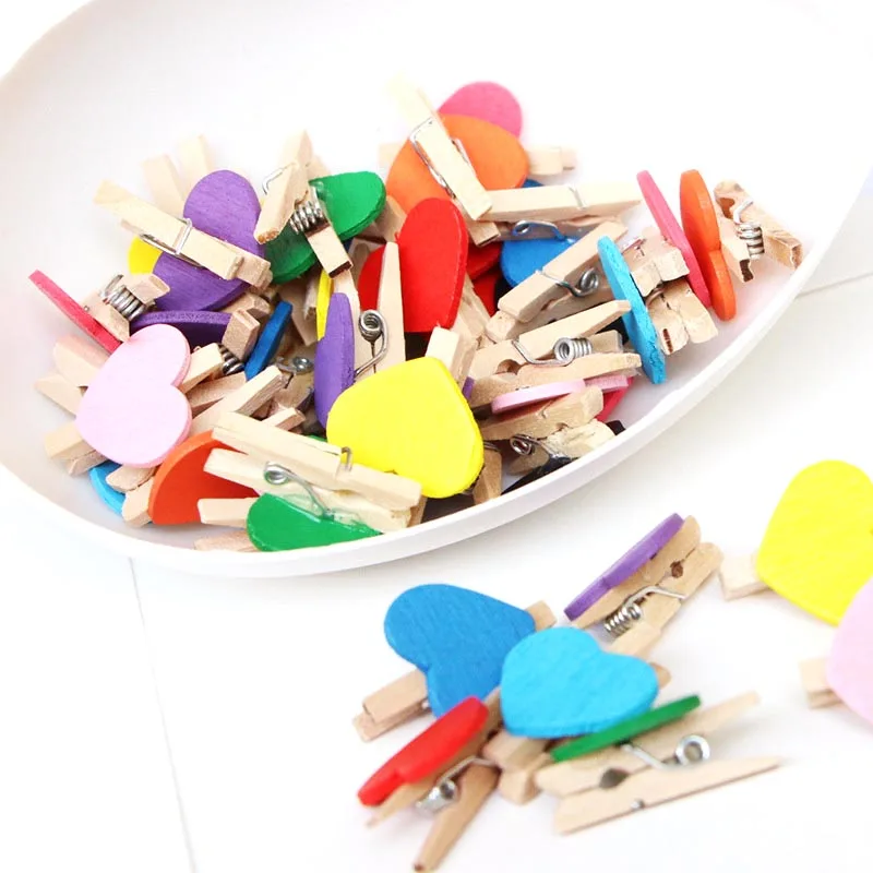 Paper Clips Wooden Clips 30x4mm 20pcs Wooden Colored Love Heart Photo Clips Memo Paper Peg Clothespin Stationery Christmas Wedding Party Craft Home Decor