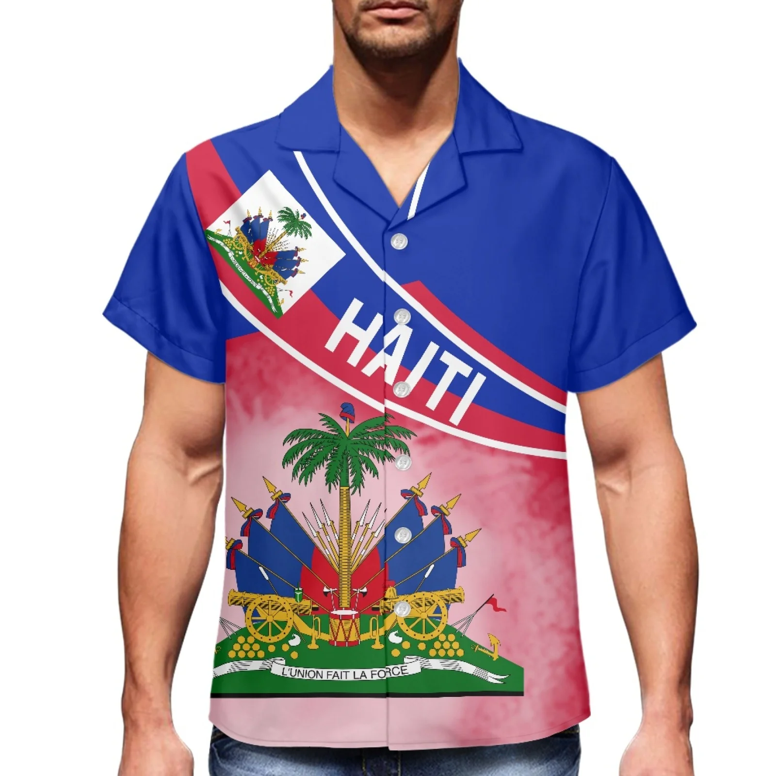 

Plus Size Short-Sleeved V Neck Men's Shirts Summer 2022 Men Shirts Haiti Flag Printing Clothing North American Red Men's Shirt