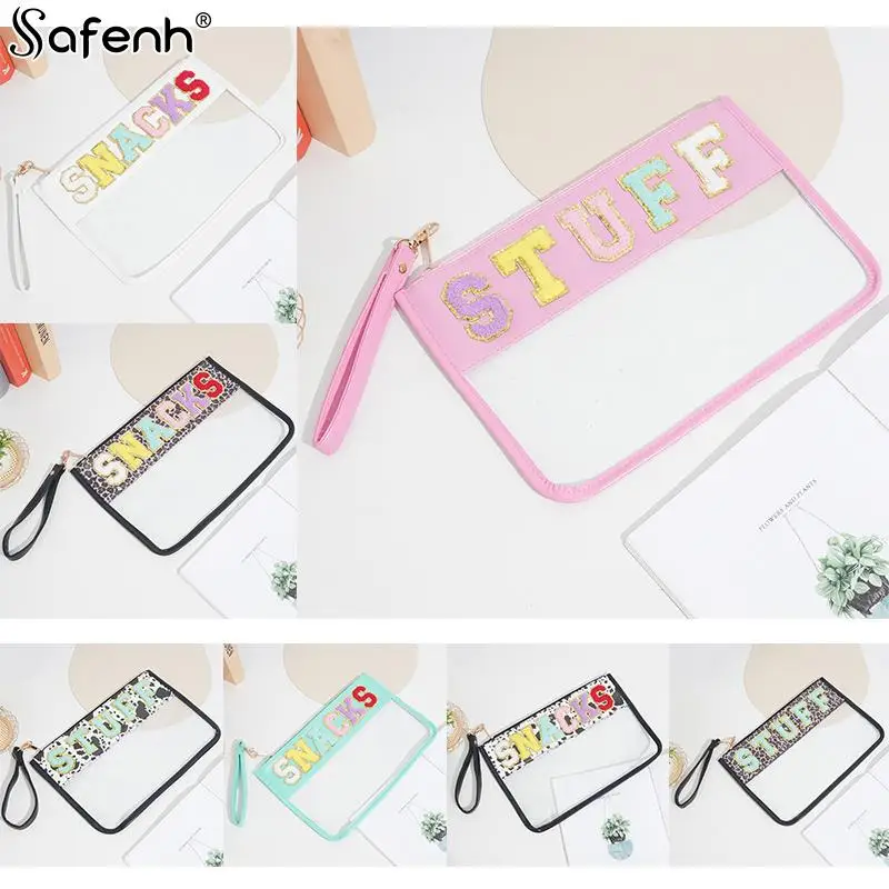 

Chenille Letter Clear Zipper Pouch for Travel Waterproof Cosmetic Pouch Clear Snack Bags Nylon Travel Gym Beach Bag Multipurpose
