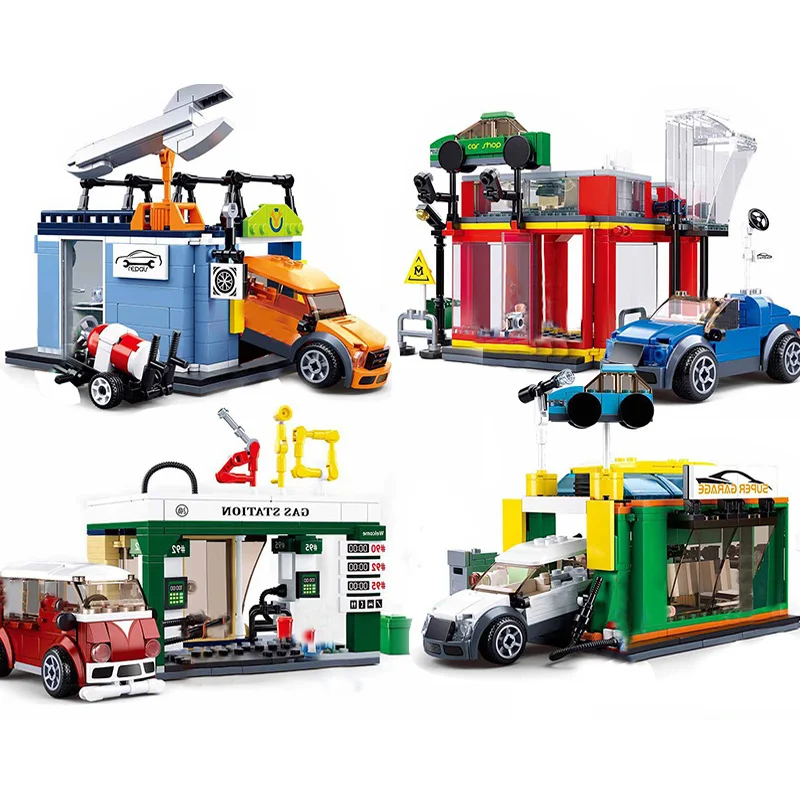 City Car Service Center Stazione Di Servizio Negozio Di Riparazione Veicolo Garage Building Blocks Kit Mattoni Modello Classico Giocattoli Fai Da Te P