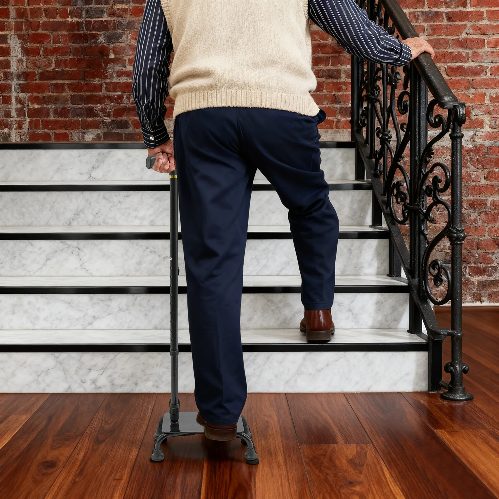 Stair Assist Cane 2-in-1, Black, Aluminum Alloy Iron, 10 Adjustable Heights, 330LBS, Elderly Aid, Stable & Easy To Use