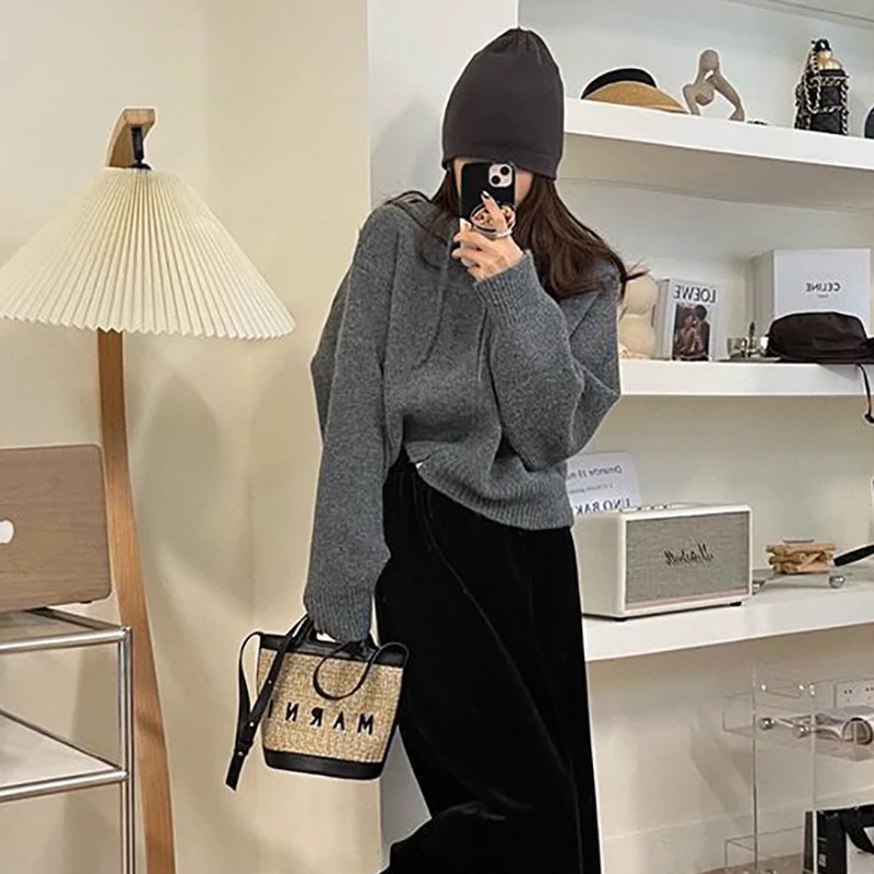 여성용 루즈 가디건, 후드 지퍼, 긴팔 상의, 한국 패션, 캐주얼 니트 스웨터, 단색 여성 점퍼, Y2k 아우터, 겨울
