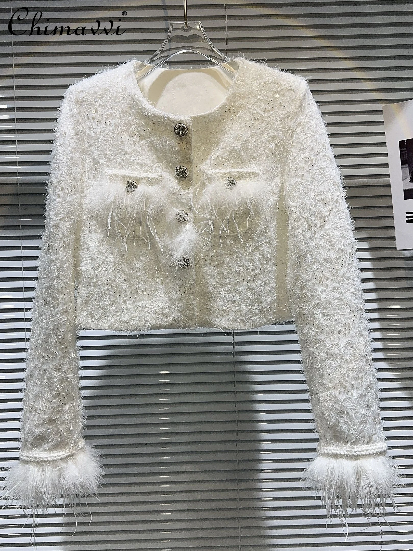 

White Women's Coat 2023 Autumn New Fashion Sequins Plush Ostrich Feather Pocket Jacket Office Lady Elegant Short Coats Clothes