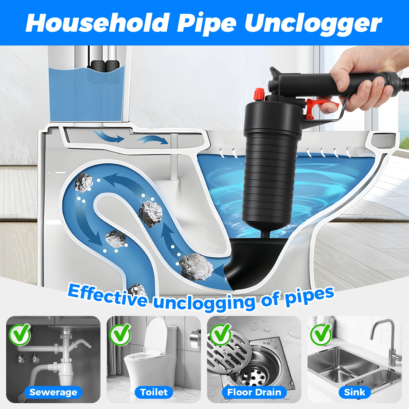 Air Pump Pressure Unblocker Toilet Plunger Set with 4 Unclogging Head Efficient Power Drain Clog Remover Tool for Kitchen Toilet