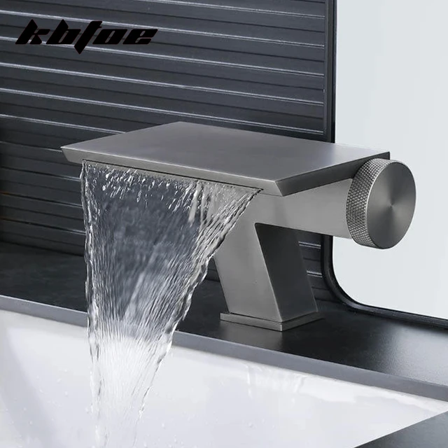 ก๊อกน้ำแบบติดตั้งบนเคาน์เตอร์ สีเทาปืน/สีทองขัดเงา สำหรับอ่างล้างหน้าในห้องน้ำ แบบน้ำร้อนน้ำเย็น พร้อมปุ่มควบคุม  สำหรับอ่างล้างหน้าในห้องน้ำ  แบบติดตั้งบนเคาน์เตอร์  สไตล์โมเดิร์น 2