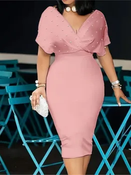 Fashion Party Dress For Wonen Sexy V Neck Package Hip Elegant Dresses 2025 Srping Summer Lady Solid Color Slim Office Midi Dress 1