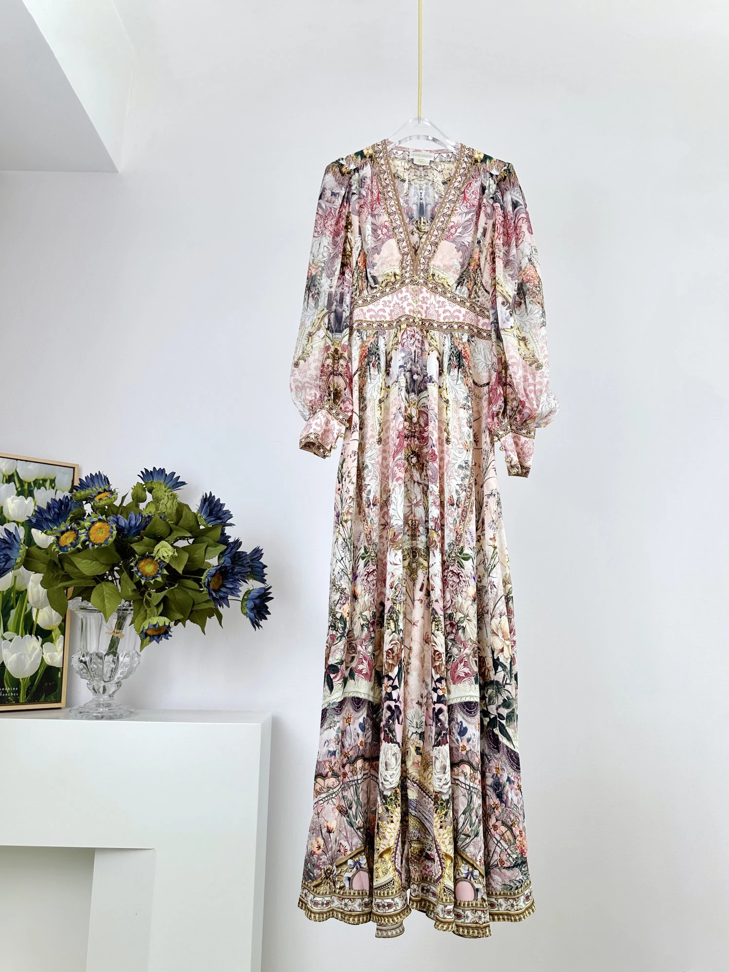 

EVACANDIS 100% Real Silk Women New Runway Designer Bohemian Elegant Sweet V-Neck Lantern Sleeve Printing Midi Dress Vintage Chic