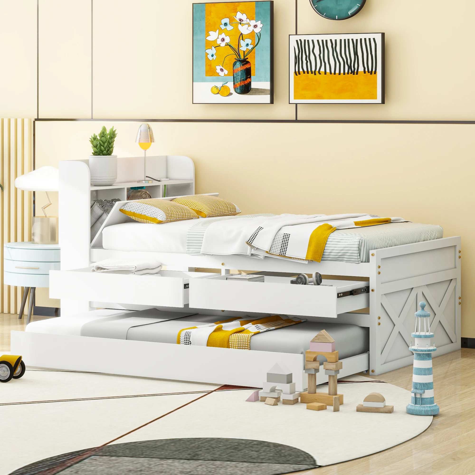 KOMHTOM Multifunktionales Massivholzbett 90x190 cm mit ausziehbarer Schublade Lattenrost und Ablagen und USB Buchse – Detail 6