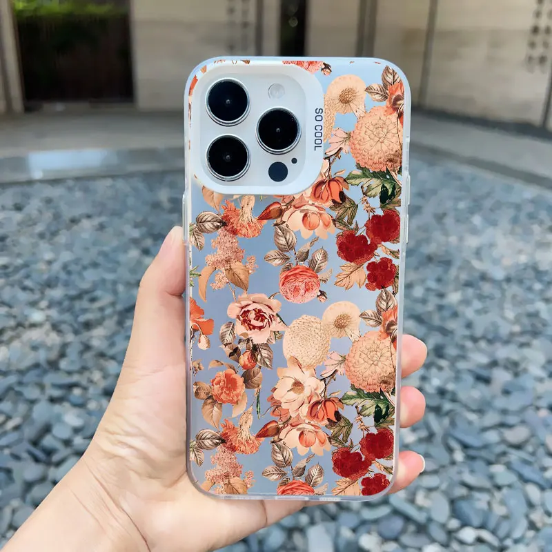 Luxus Retro Blumen Blumen Handy hülle für iPhone 15 14 plus 13 Mini 12 15 11 12 13 14 Pro Max stoß feste matte Laser Rückseite – Detail 2