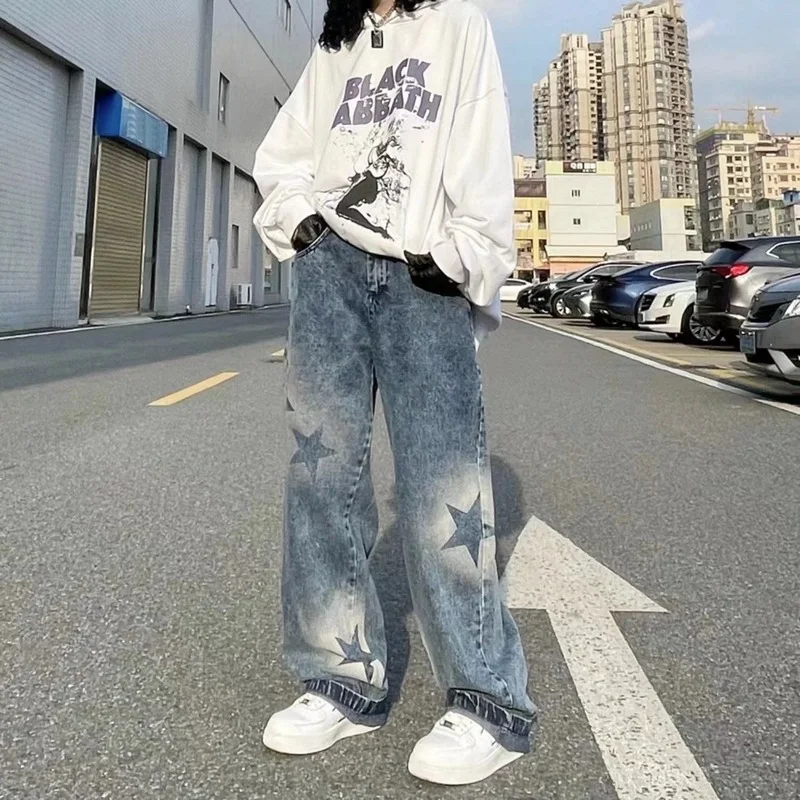 

Oversized Washed Star Pattern baggy jeans High Street Loose Straight Y2K Jeans Summer Casual Street Hip Hop Women Jeans