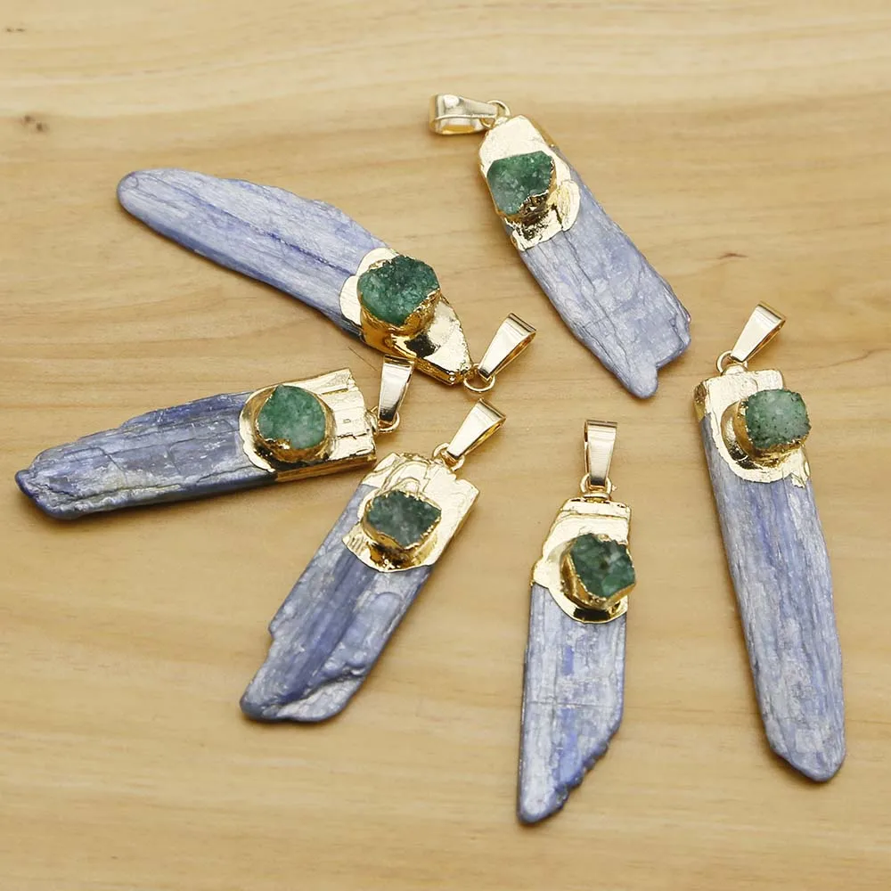Natural Raw Stone Blue Crystal Strip Pendants Irregular Green Agate Necklace Reiki Charms DIY Jewelry Accessories Wholesale 8Pcs