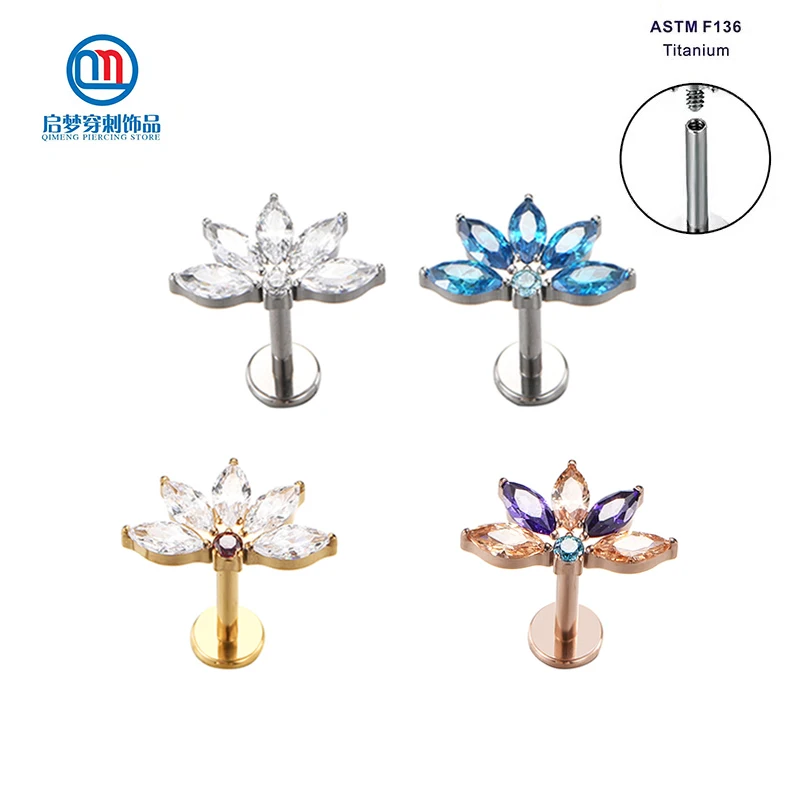 ASTMF136TitaniumInternallyThreadedZirconFlowerTopLabretRing