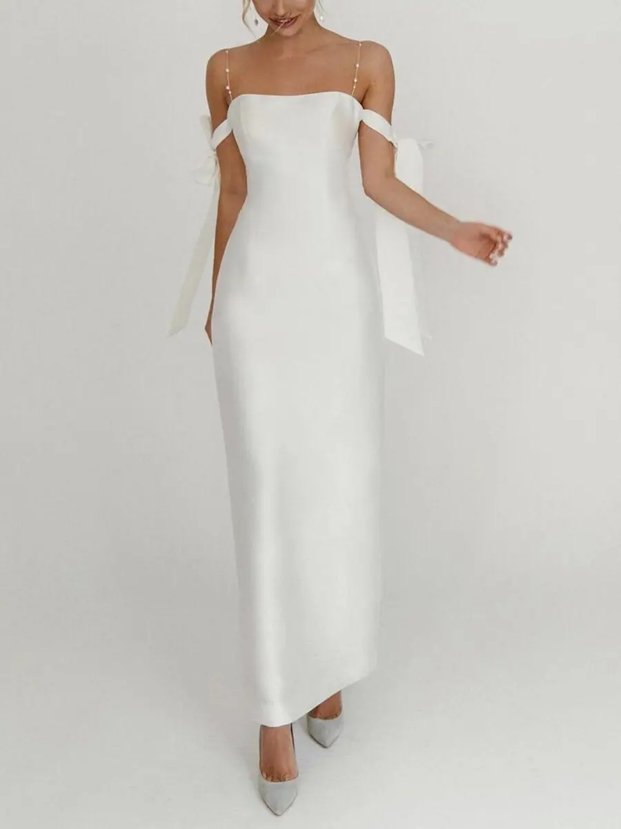 

2023 white dress casual summer sun dress women's sexy tight high waist falling shoulder pearl temperament small dress