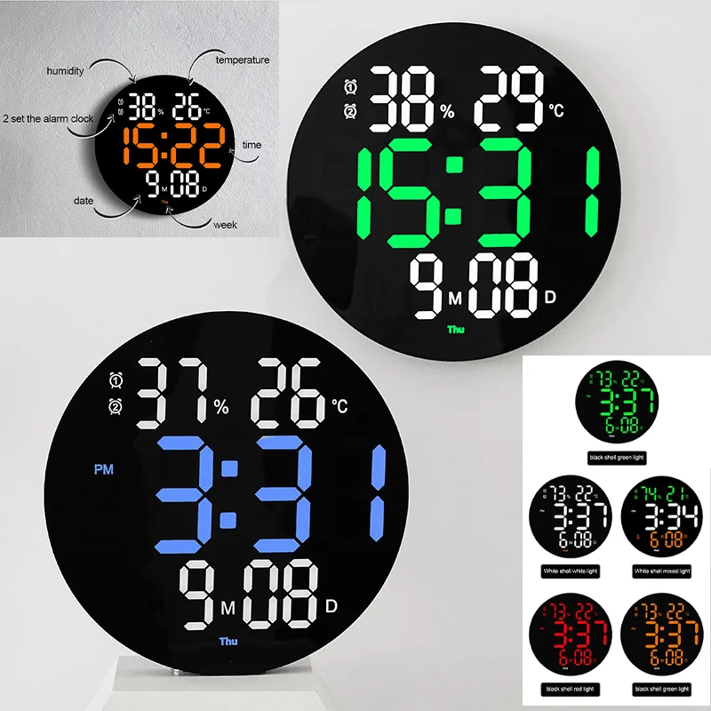 10 Inch Big Digital Wall Clock LED Round Large Screen Silent Time Week Date Temp Humidity Smart Brightness Electronic Clock