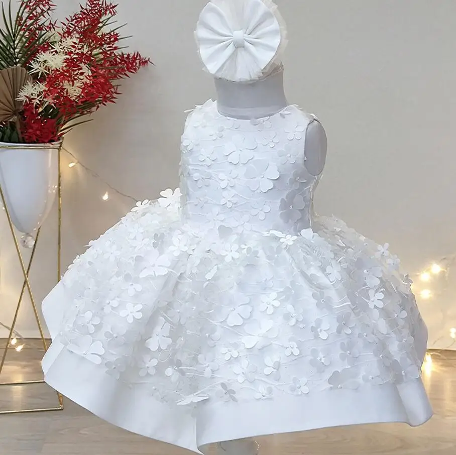 

Puffy Applique Flower Girl Dress Sleeveless White Baby Kids Birthday Prom Baptism Princess Ball Gown First Communion Dress