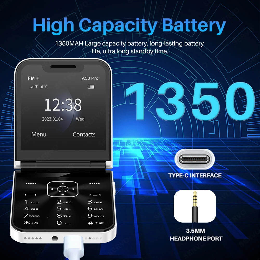 SERVO A50 PRO Flip Mobile Phone 2G GSM 2.4" Display Auto Call Recorder Speed Dial 2 SIMs Foldable Telephones Official Authentic 6