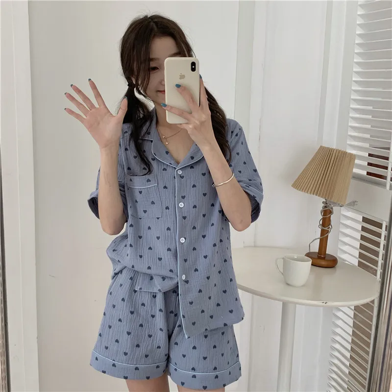 Lovely Heart Print Summer Pajamas Set Women Single Breasted Shirts + Shorts Set Two Piece Home Suit Cotton Sweet Kawaii