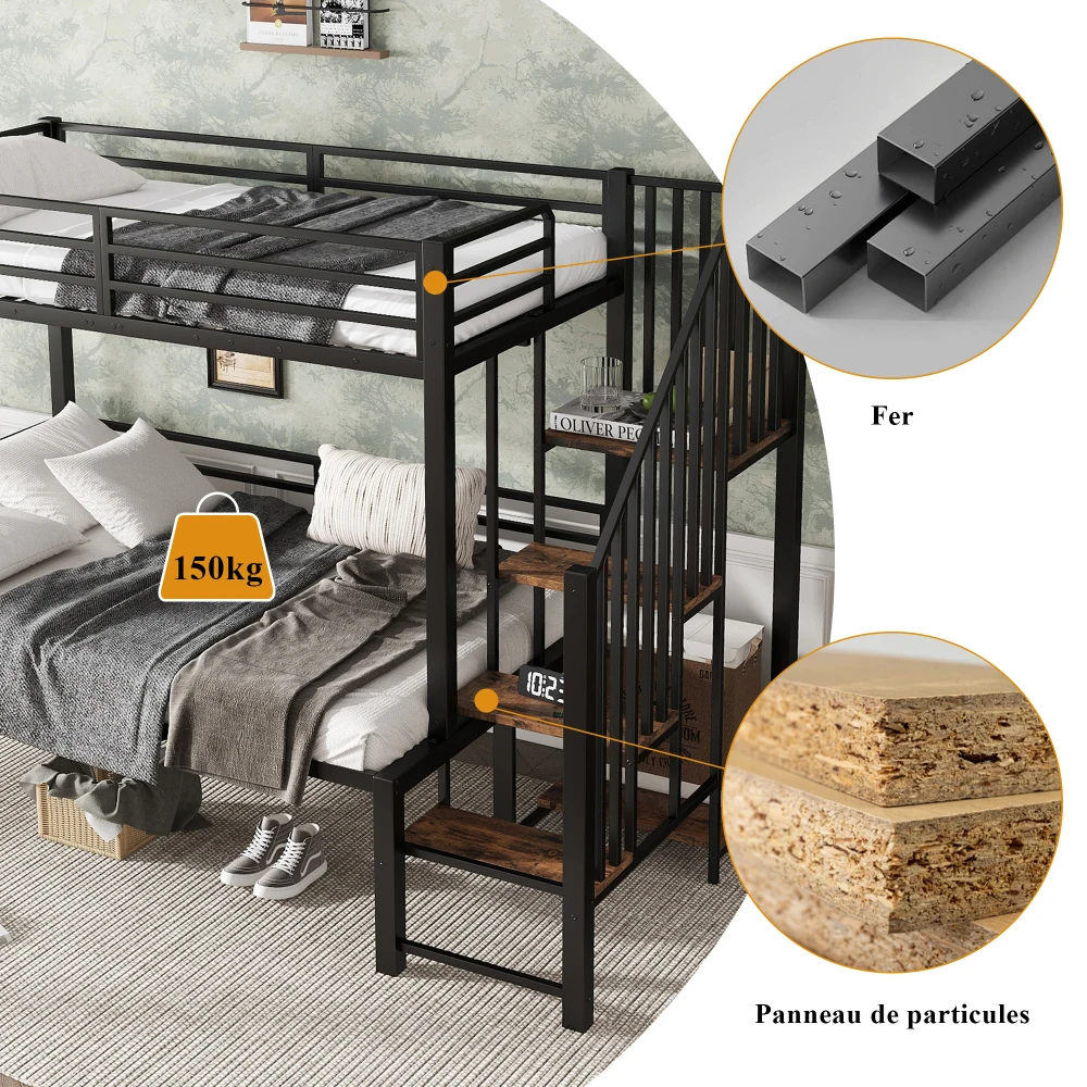 90x200cm&120x200cm Modernes Eisenbett, Etagenbett, Treppe mit Stauraum, Schlafzimmermöbel, geeignet für Kinder und Jugendliche – Detail 11