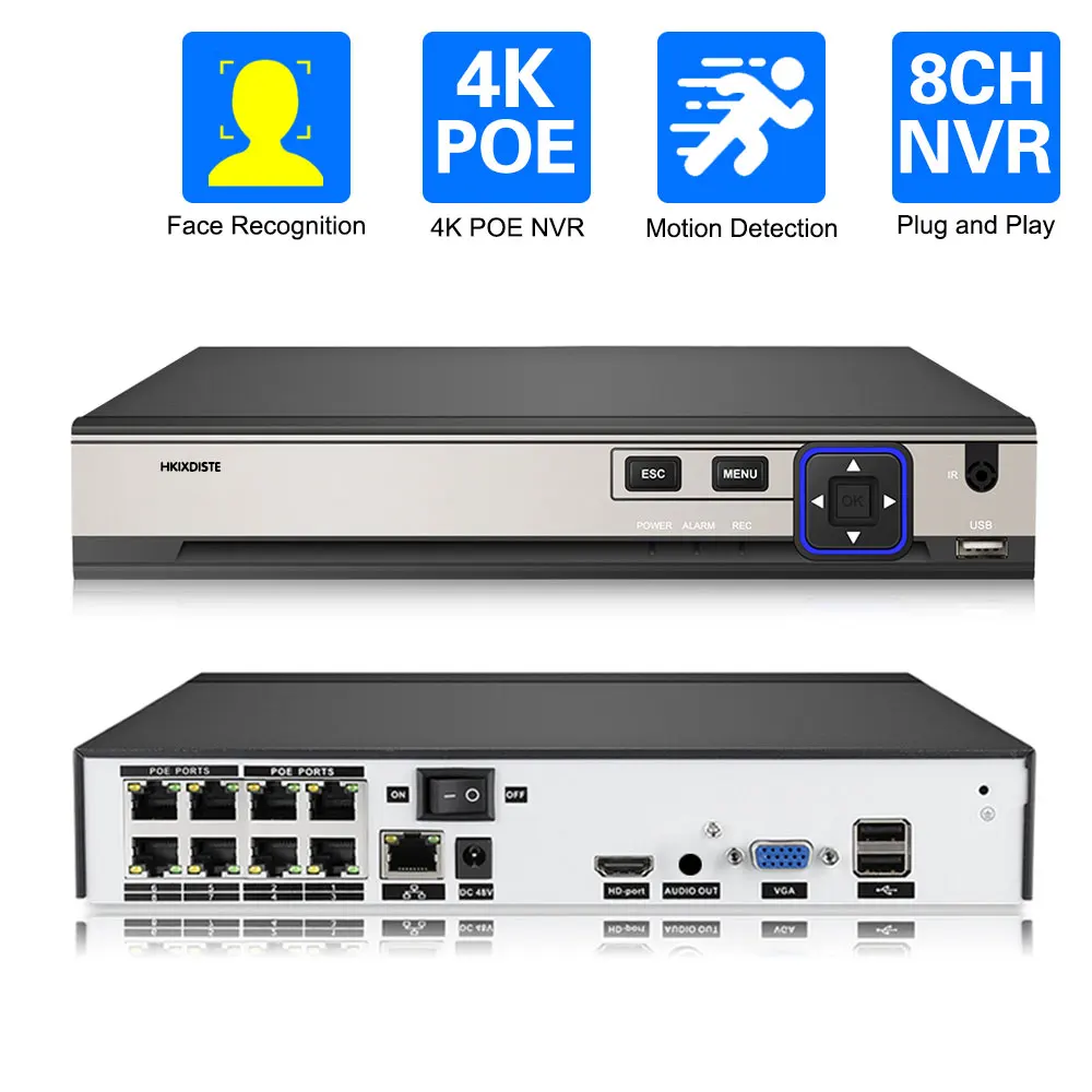 H.265+ 8CH 48V POE NVR For IP Security Surveillance Camera CCTV System 5MP 8MP 4K Audio Video Recorder Face Detect Network P2P