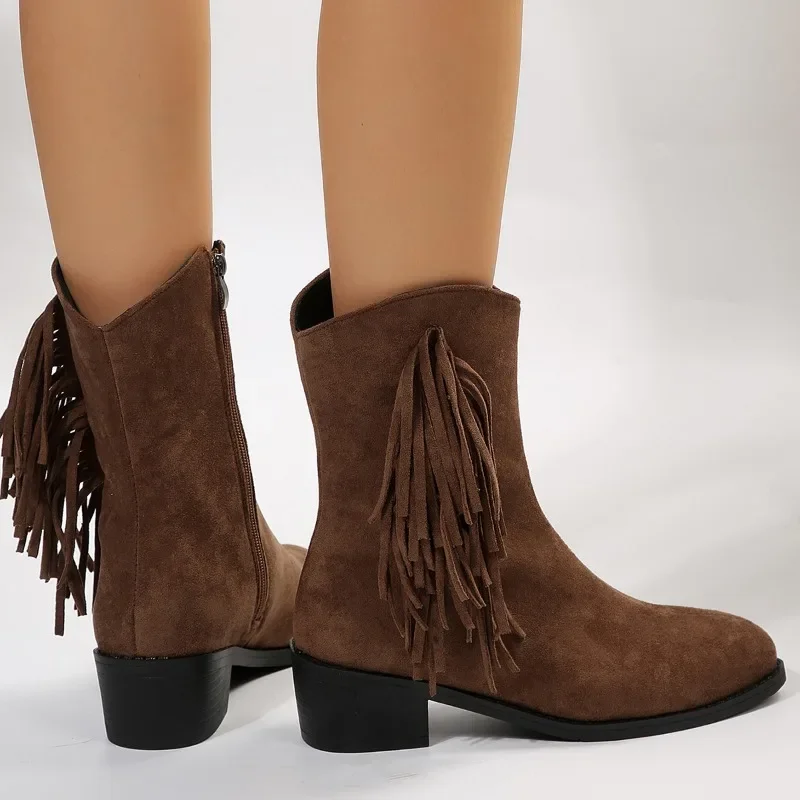 2023 Autumn Flock Fringes Women 's Boots Western Cowboy Ankle Boots Slip on Pointy Frosted  Square Heels Cowgirl Shoes for Women