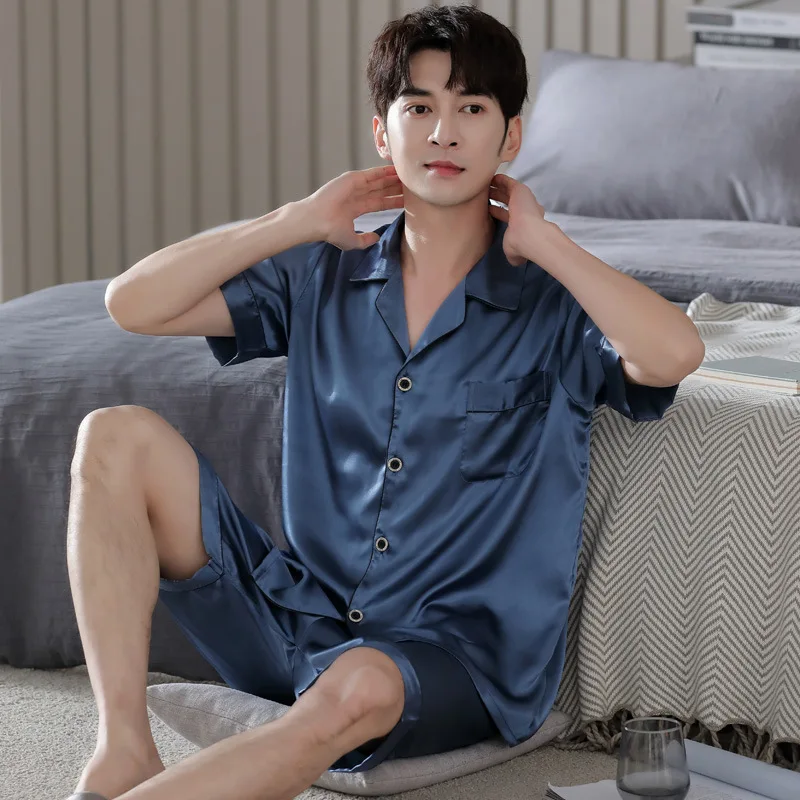 Summer Men's Thin Imitation Silk Pajamas Short Sleeve Cardigan Shorts Oversized Loose Casual Comfortable Home Clothing Set