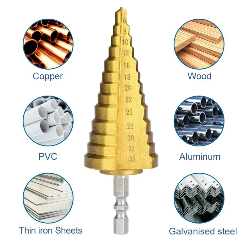 XLilStep-Foret à Tige Hexagonale en Acier Rapide, Jeu de Trous, Outils de Perçage à Métal, P6M5, 3-13, 4-22, 6-35mm, 1 Pièce