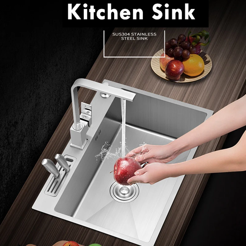 304 Stainless Steel Kitchen Sink Handmade Sink Drop-in Topmount With Knife Holder 20 Gauge R10 Tight Radius Deep Single Big Bowl kitchen sink