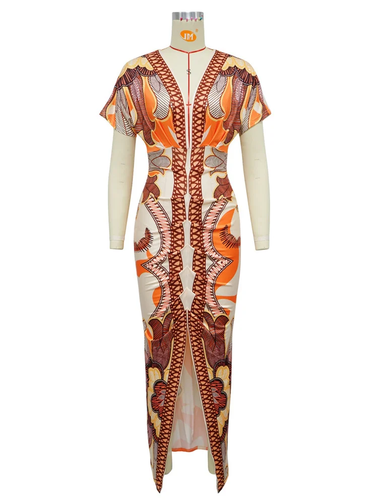 Wmstar Dresses Women Wholesale Deep V Neck Sexy Bodycon A New Short Sleeve V Neck Fitted Printed African Fashion Women's Wear