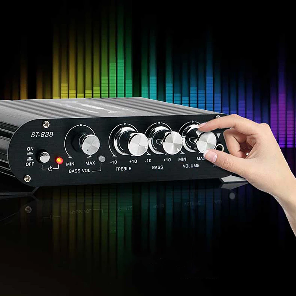 ST-838 HiFi 2.1 Channel Power Amplifier Bass and Treble Adjustment 80W*2 Stereo Bass Sound Amp Audio Amplifier Mini Media Player