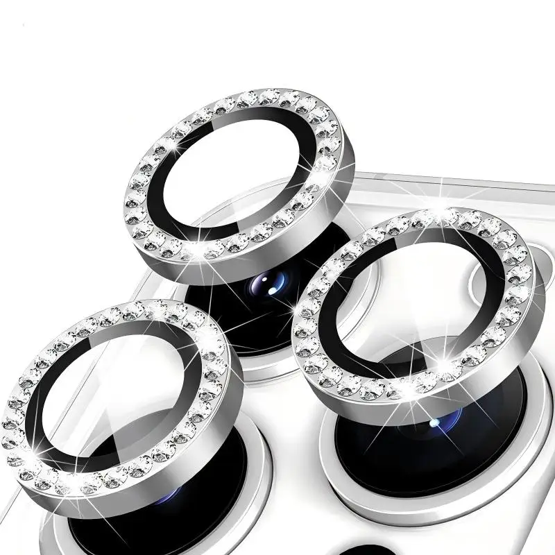 Luxury Diamond Ring Camera Protectors with Tempered Glass Lens Cover