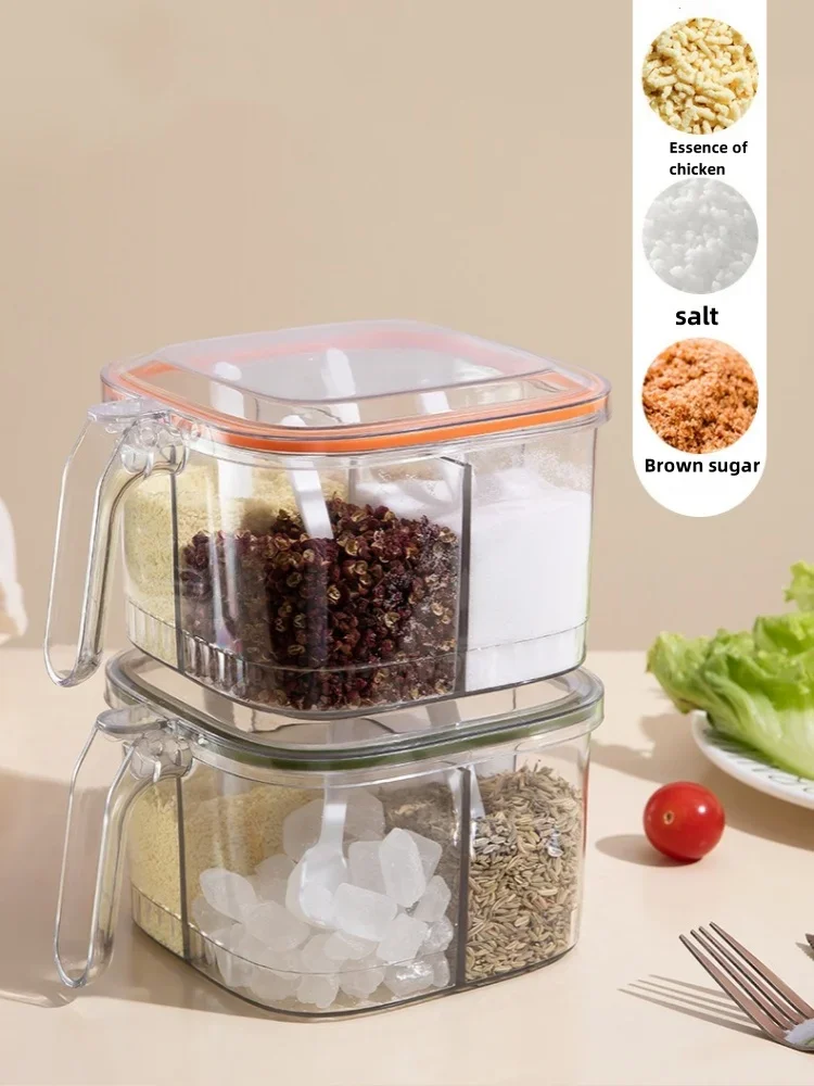 Description Picture 3 of item4 Grids Salt Pepper Seasoning Box Transparent Lid Spice Jar Chili Powder Sugar Bowl Condiments Storage Container Kitchen Gadgets