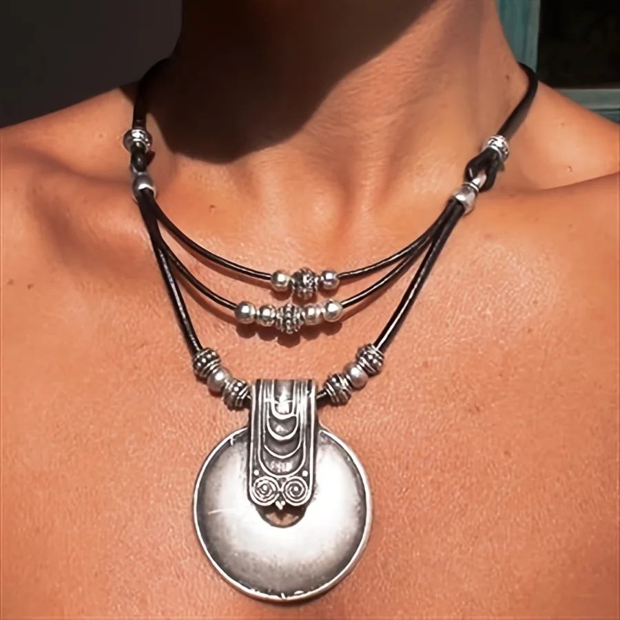 Bohemian Round Pendant Necklace Vintage Boho multi-layer beaded Ladies fashion jewelry gift