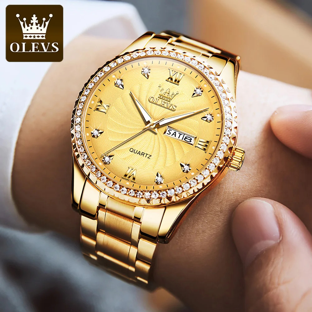 OLEVS Fashion Gold Quartz Watch for Men Stainless Steel Waterproof Luminous Hands Date Week Mens Sport Watches Relogio Masculino