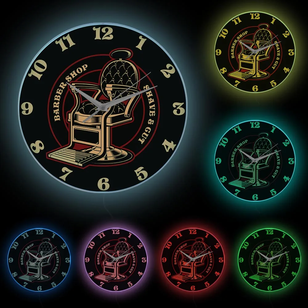 Barber shop Chair Vintage Logo Silent Wall Clock White Frame With LED  