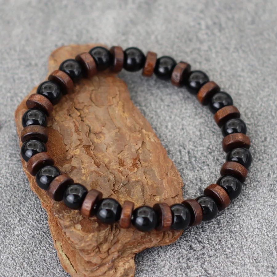 Natural Wooden Tiger Eyes Lava Beaded Men Bracelet