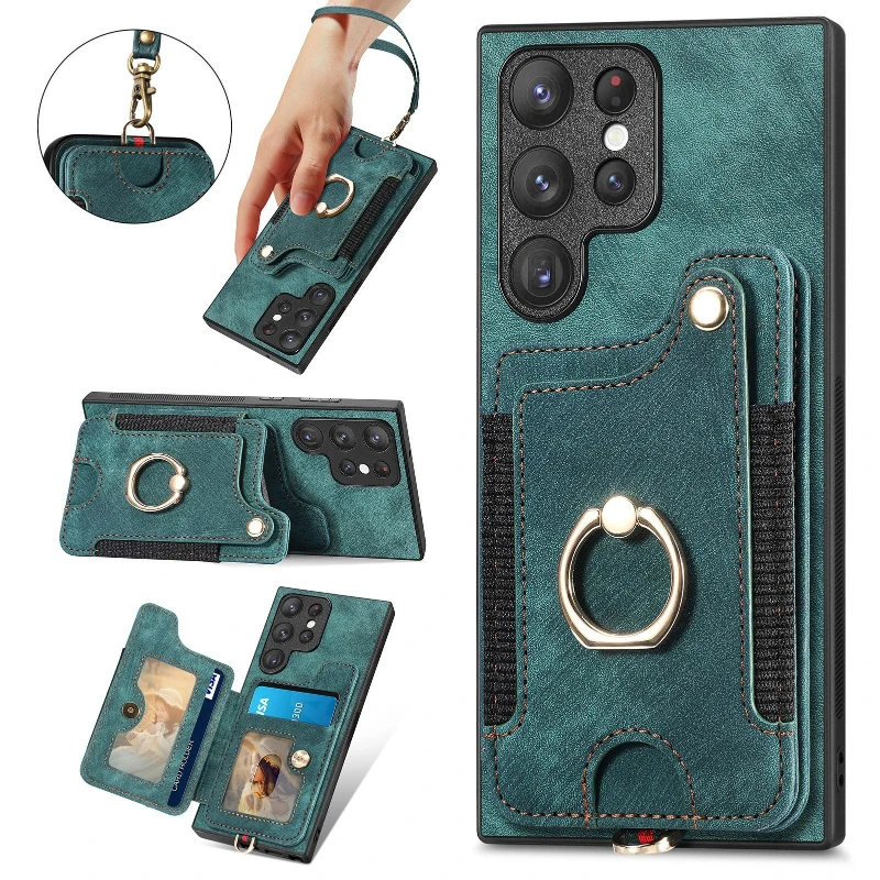 Premium PU Leather Card Holder Phone Case - Shockproof with Ring Grip