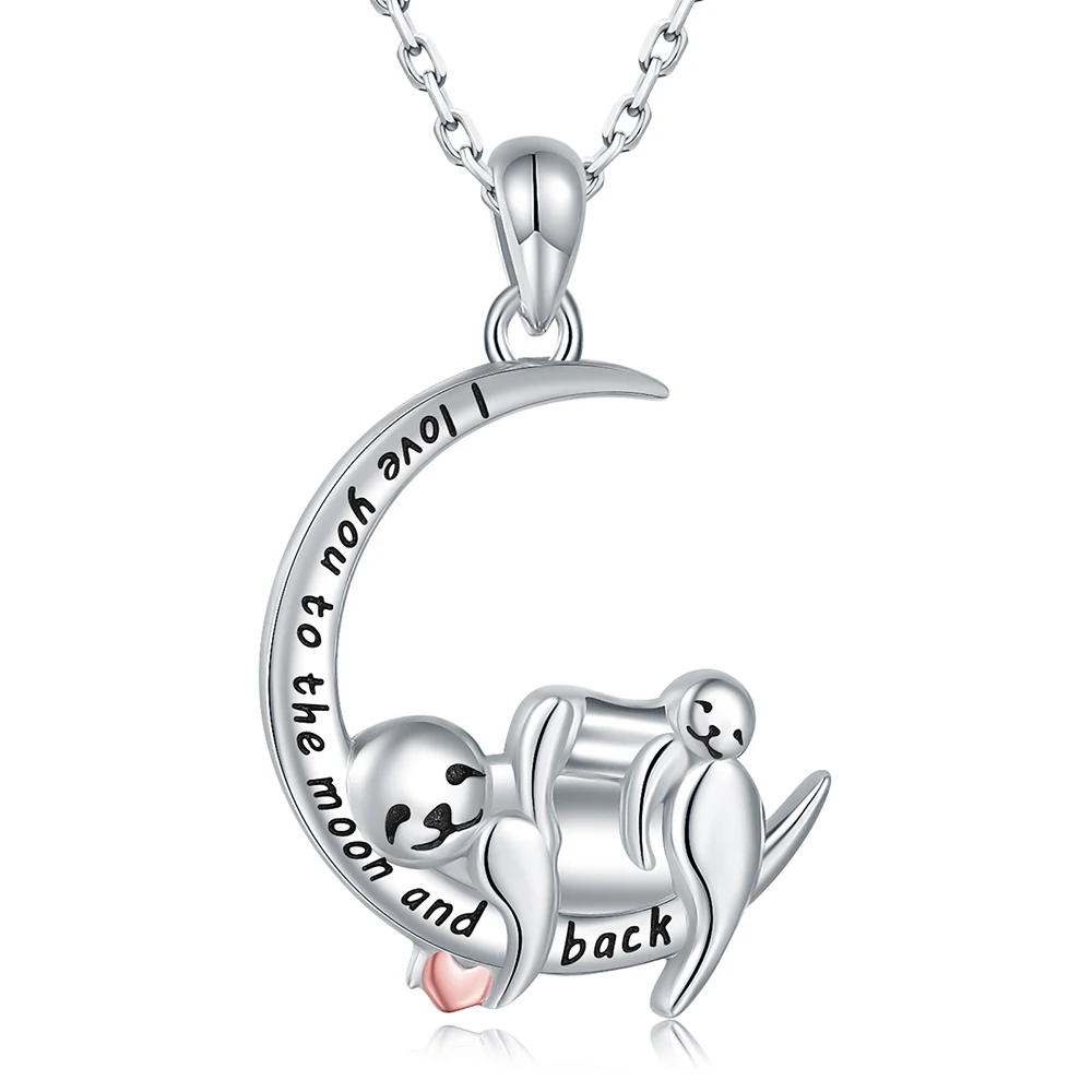 

925 Sterling Silver Sloth Mom&Kid Moon Engraved "I Love You To The Moon and Back" Necklace，Probably the Best Gift for Women Girl