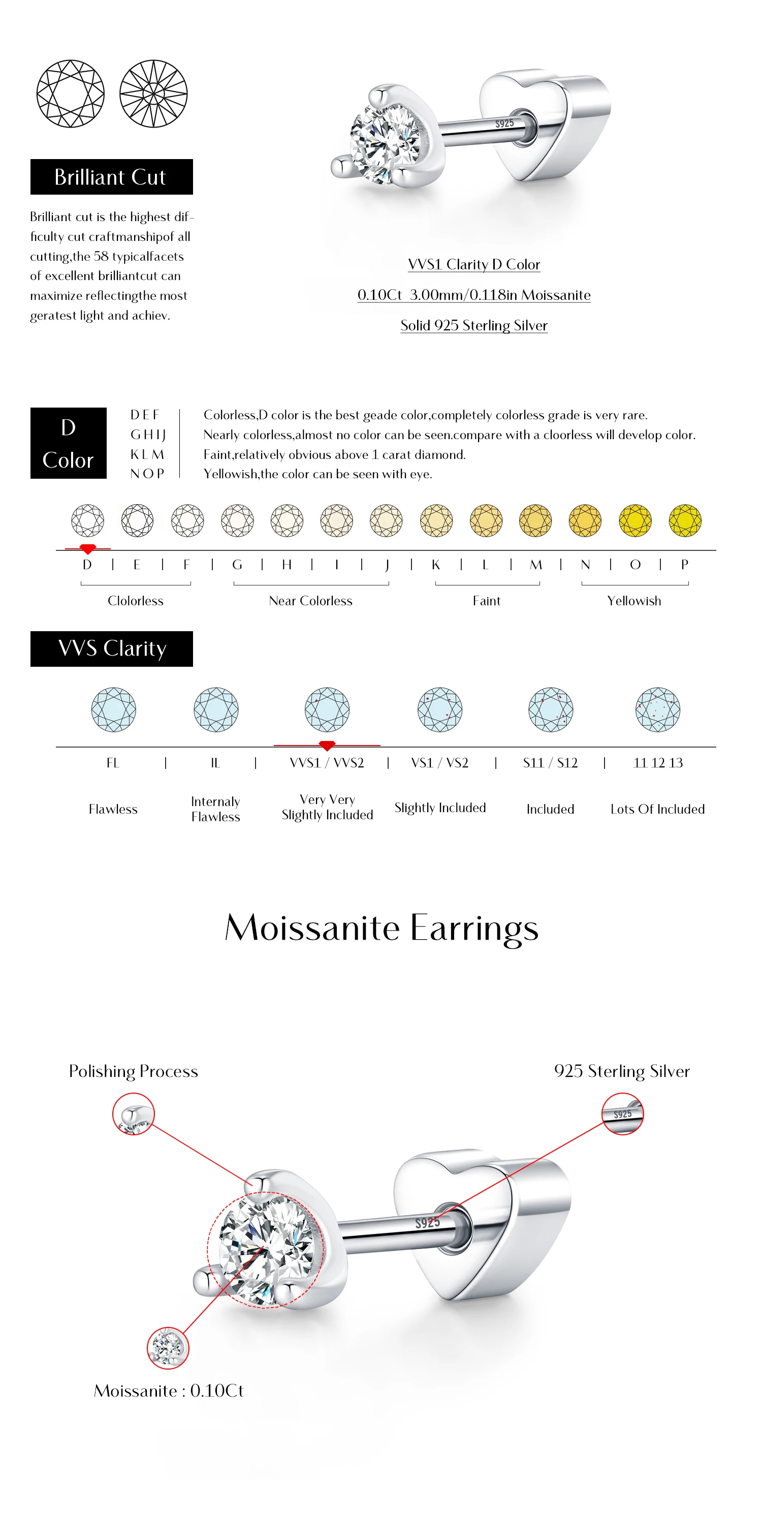 MODIAN D Color Moissanite Cartilage Stud 925 Sterling Heart Screw Stud Earrings Stackable Unisex Stud Earrings For Women Jewelry