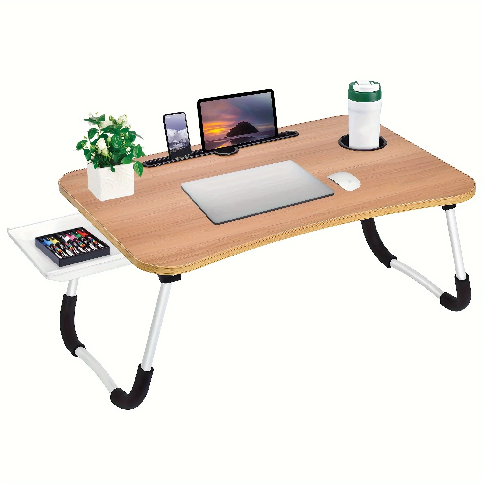 Laptop Bed Table Foldable Lap Table with Cup Holder Drawer Tablet Stand Laptop Bed Tray Portable Lap Foldable Legs