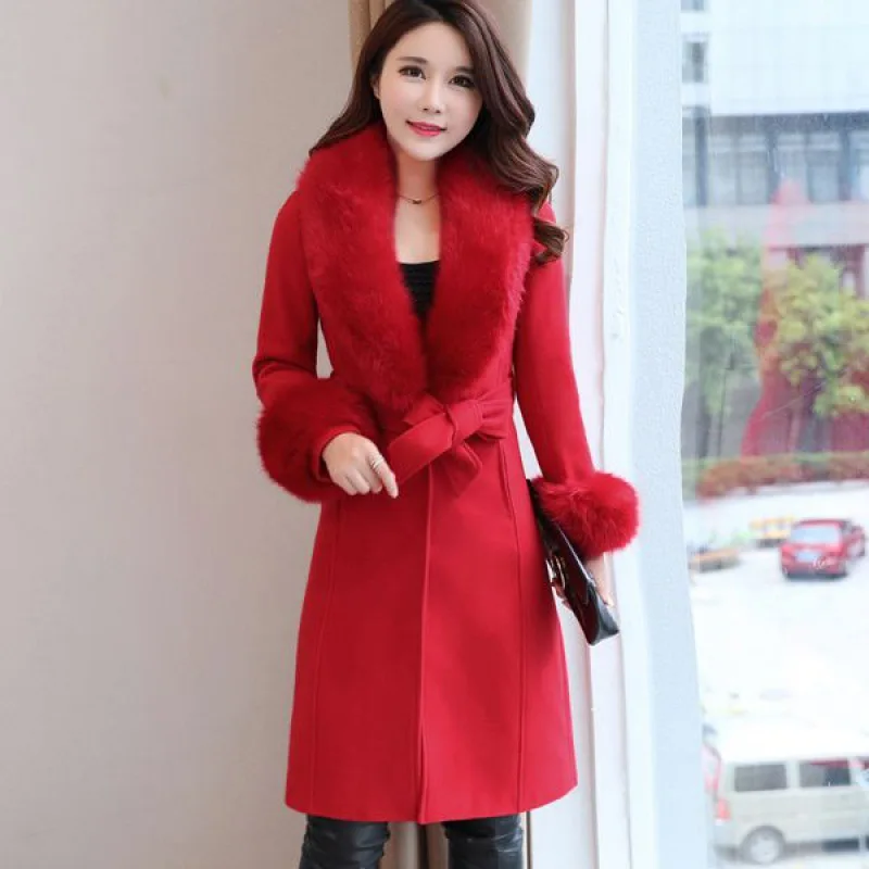 2023 Winter New Women Temperament V-neck Long Woolen Overcoat Female Fashion Solid Color Casual Detachable Fur Collar Outwear