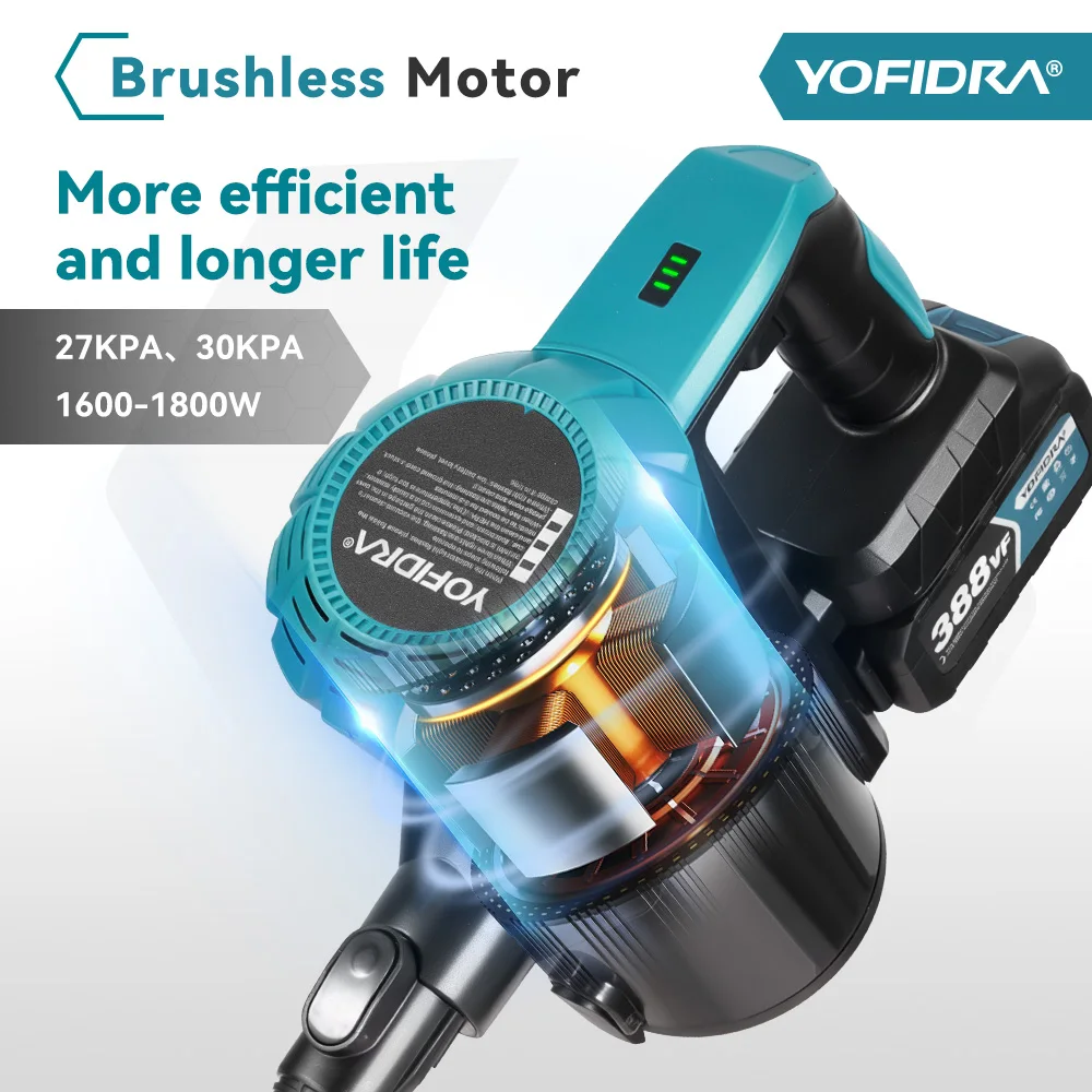 YOFIDRA Brushless Vacuum Cleaner 1800W, 30KPa 1.5L portable powerful suction household cleaning tool compatible with Makita 18V battery pin - Image 2