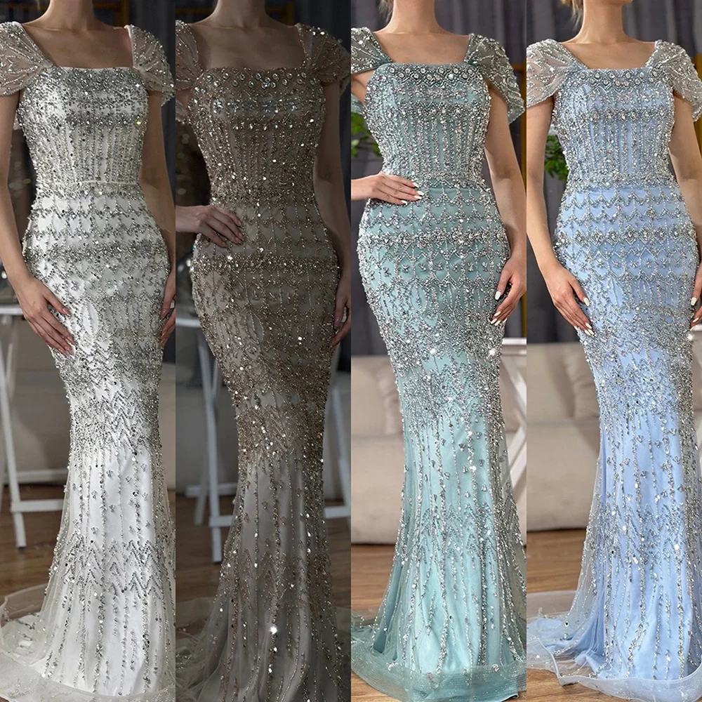 Serene Hill 2025 Arabic White Mermaid Short Beaded Long Evening Dresses Gowns For Occasion LA72714 Customized 2