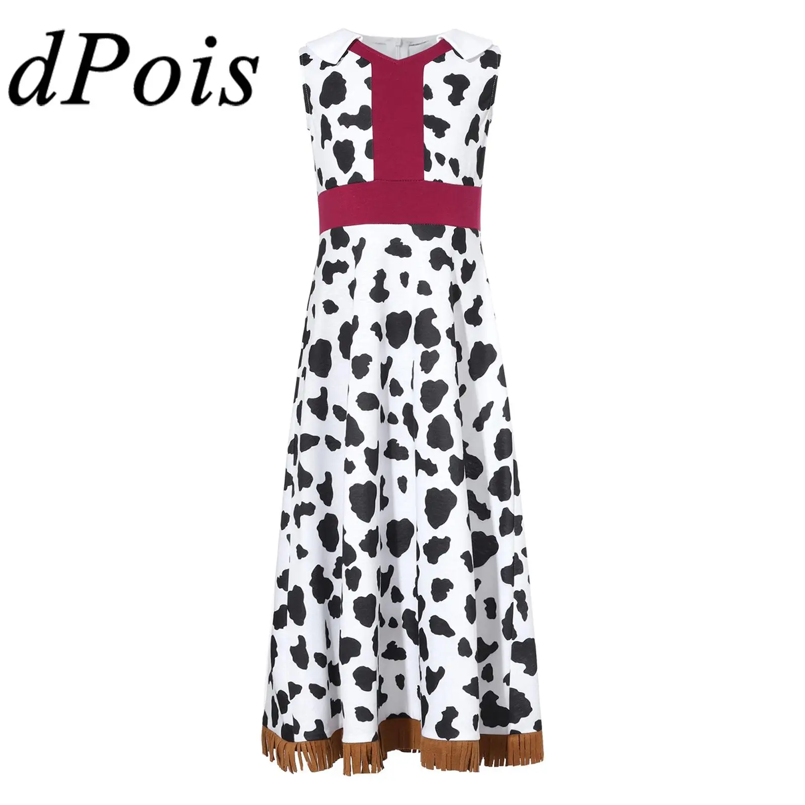 

Kids Girls Cowgirl Cosplay Costume V Neck Sleeveless Cow Print Fringe Tassels Dresses for Halloween Fancy Dress Up Party Clothes