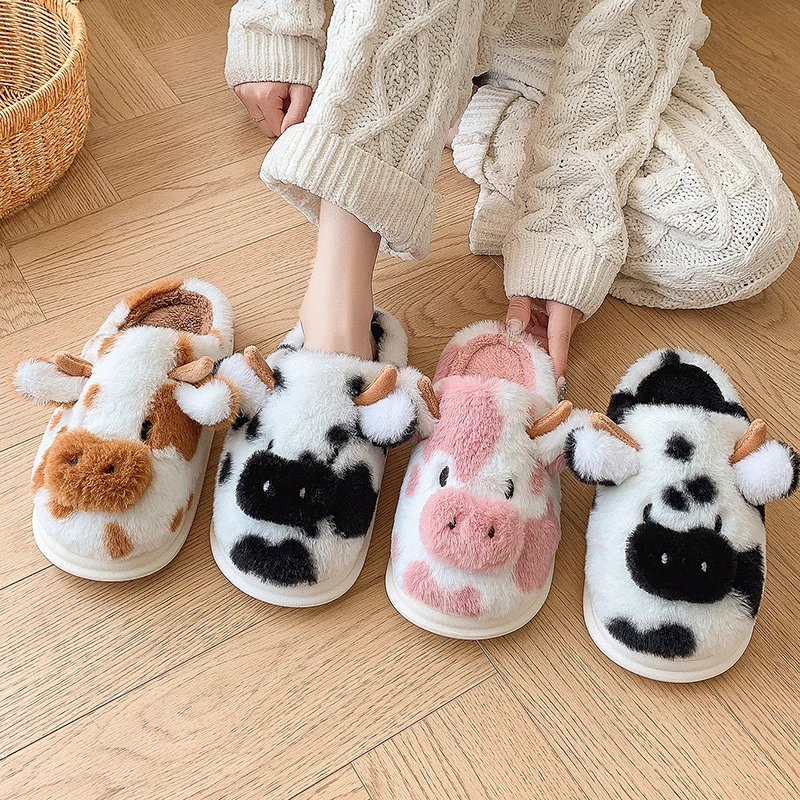 Casual Fluffy Slippers Women House Cute Cartoon Cow Designer Shoes Girl Flat Fashion Elegant Plush Winter Platform Footwear Home — view 2