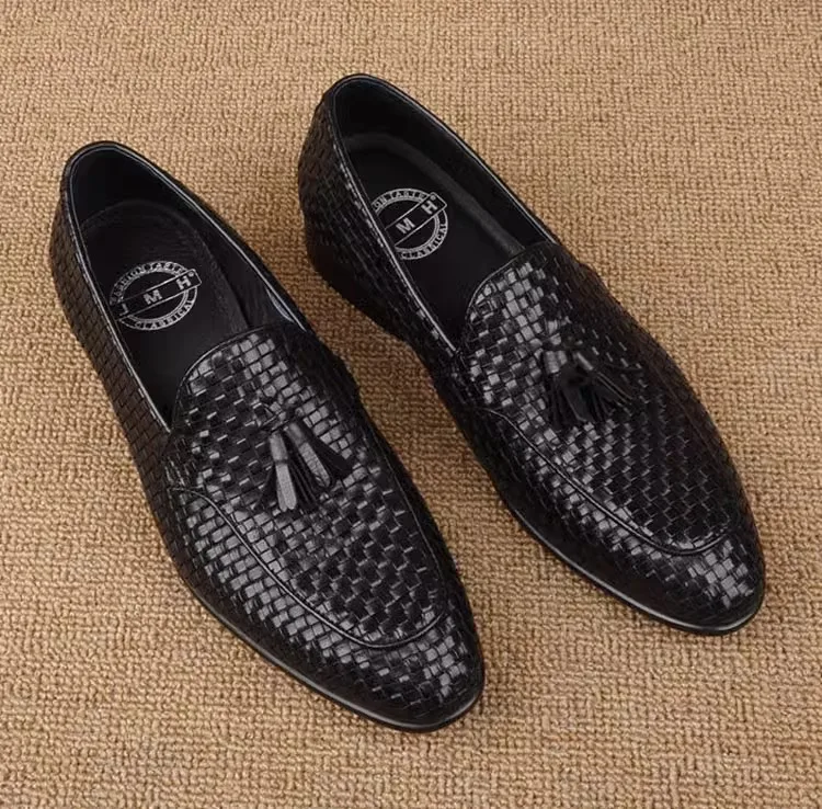 Hand-woven men's shoes, leather tassel loafers, men's British business, leather shoes, single-pedal shoes