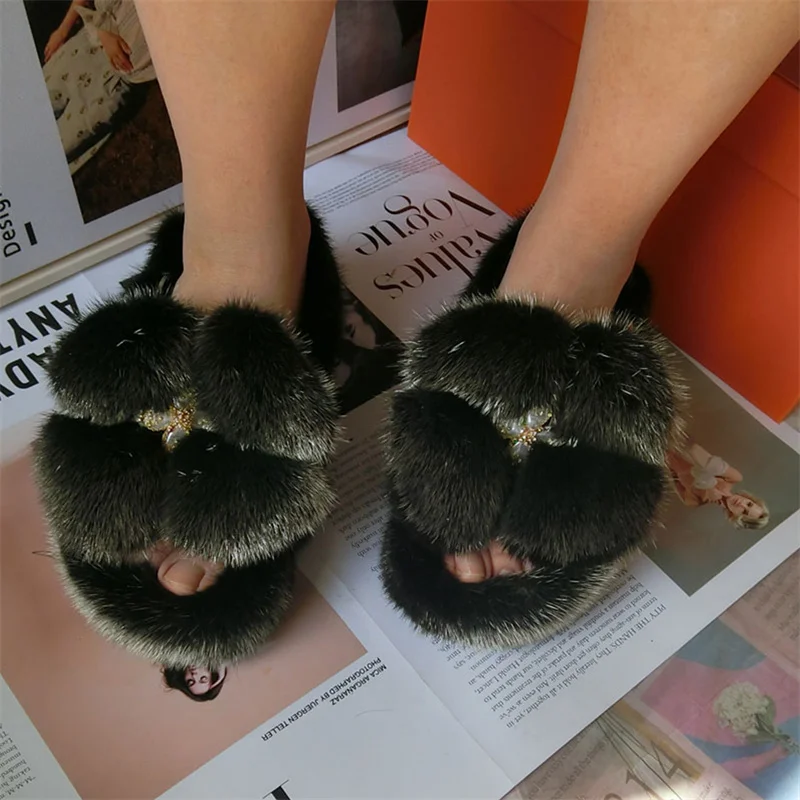 Fur Slippers Women's New Big Flower Fashion Mink Fur Sandals High Quality Outdoor Wear Design Fur Slippers