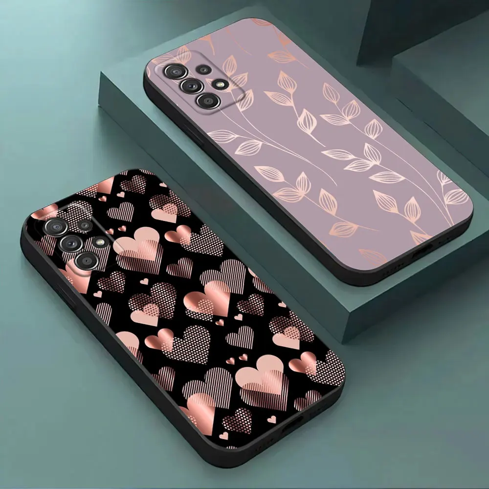 Gold Pink Rose Leaf Glitter Hearts Design Phone Case - Elegant Black Cover