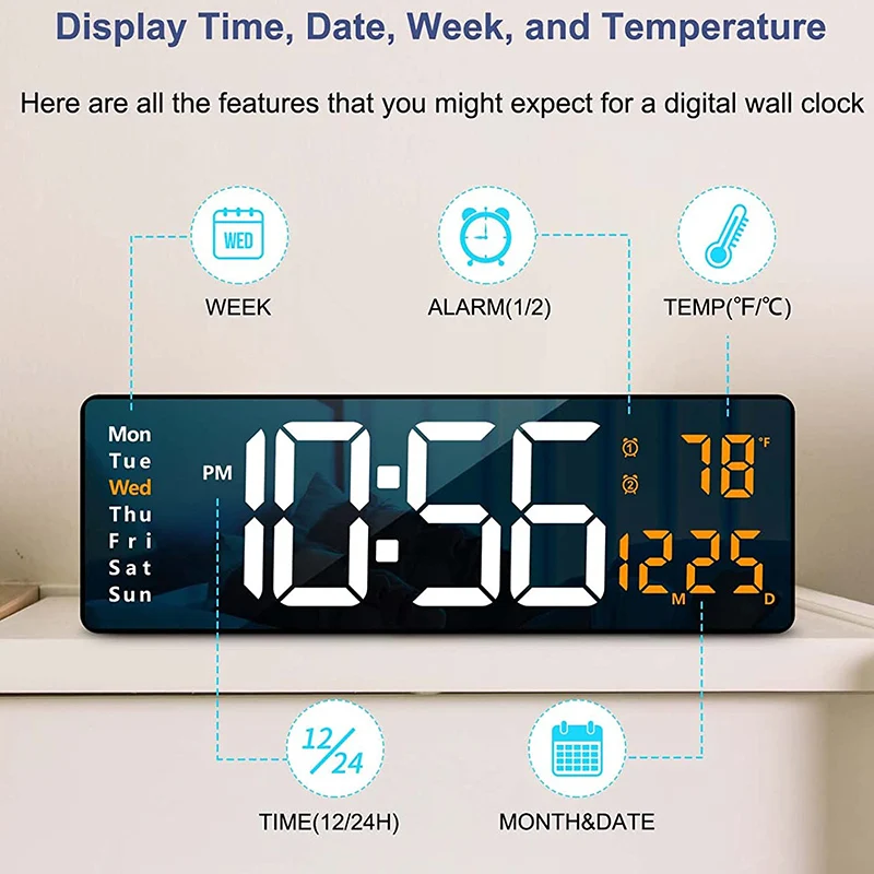Wall-mounted Digital Wall Clock Remote Control Large Temp Date Week Display Power Off Dual Alarms Table Clock